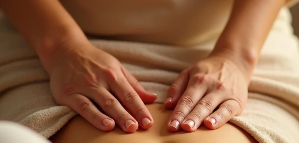 Massage du ventre Chi Nei Tsang avec les mains posées sur l’abdomen.